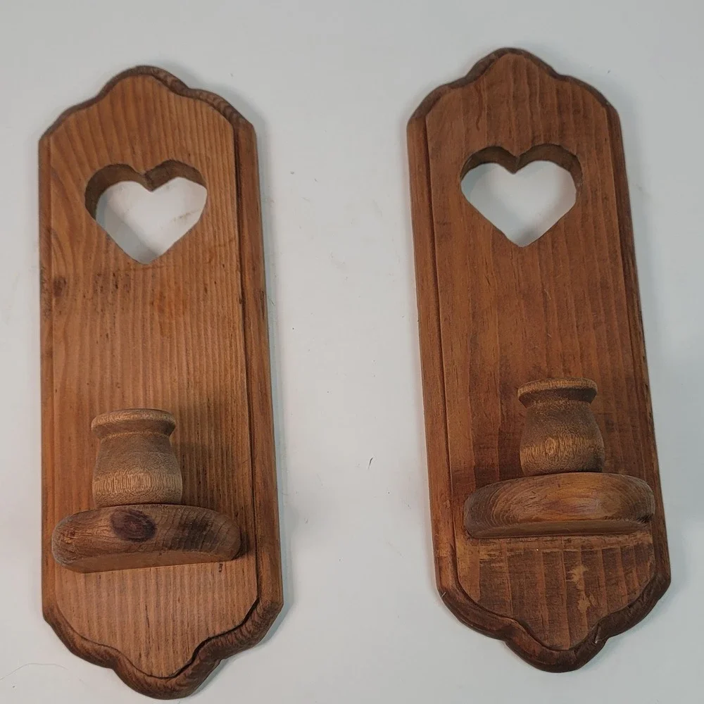 Vintage Wooden Wall Sconce Candle Holders Pair Heart Cutout Farmhouse 12in